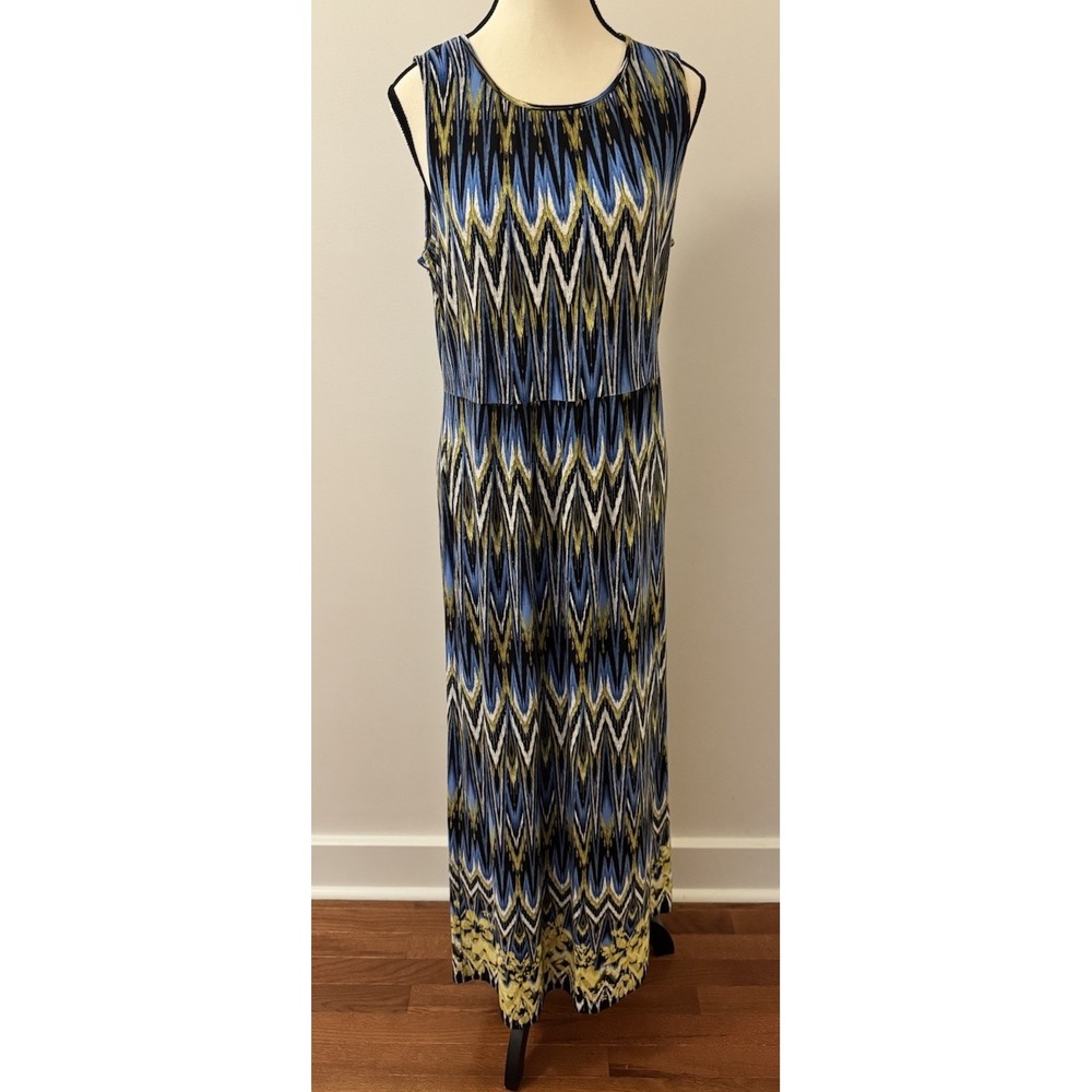 J. Jill Wearever Ikat Print Blue Yellow Sleeveless Knit Maxi Dress